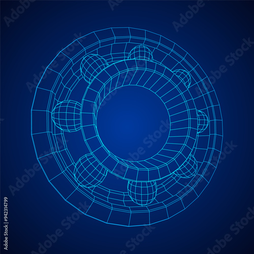 Roller bearing. Circular round rotating bearings used in industry for heavy equipment mechanical work and engineering. Wireframe low poly mesh vector illustration.
