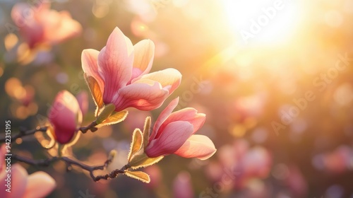 Pink magnolia flowers blooming in spring garden