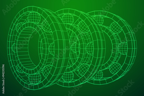 Roller bearing. Circular round rotating bearings used in industry for heavy equipment mechanical work and engineering. Wireframe low poly mesh vector illustration.