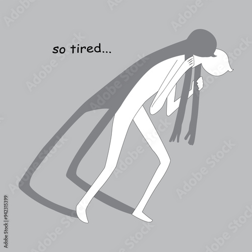 someone cradling his exhausted reflection illustration. cartoon sticker hand drawn.