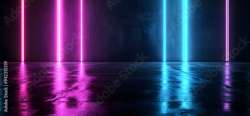 Wallpaper Mural Futuristic Sci-Fi Abstract Blue And Purple Neon Light Shapes On Black Background And Reflective Concrete With Empty Space For Text 3D Rendering Torontodigital.ca