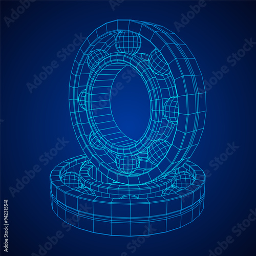 Roller bearing. Circular round rotating bearings used in industry for heavy equipment mechanical work and engineering. Wireframe low poly mesh vector illustration.