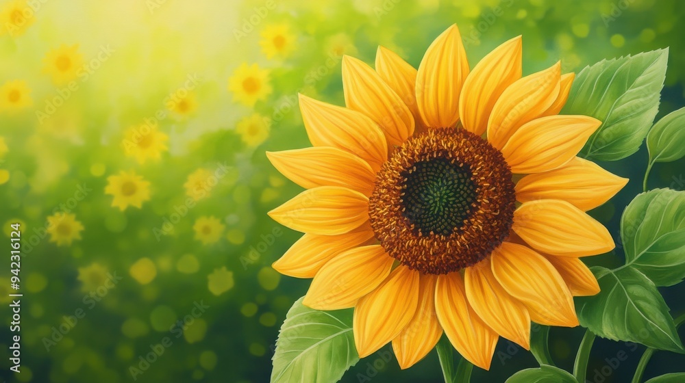 Obraz premium A vibrant sunflower in full bloom, surrounded by lush greenery, capturing the essence of summer and nature's beauty.