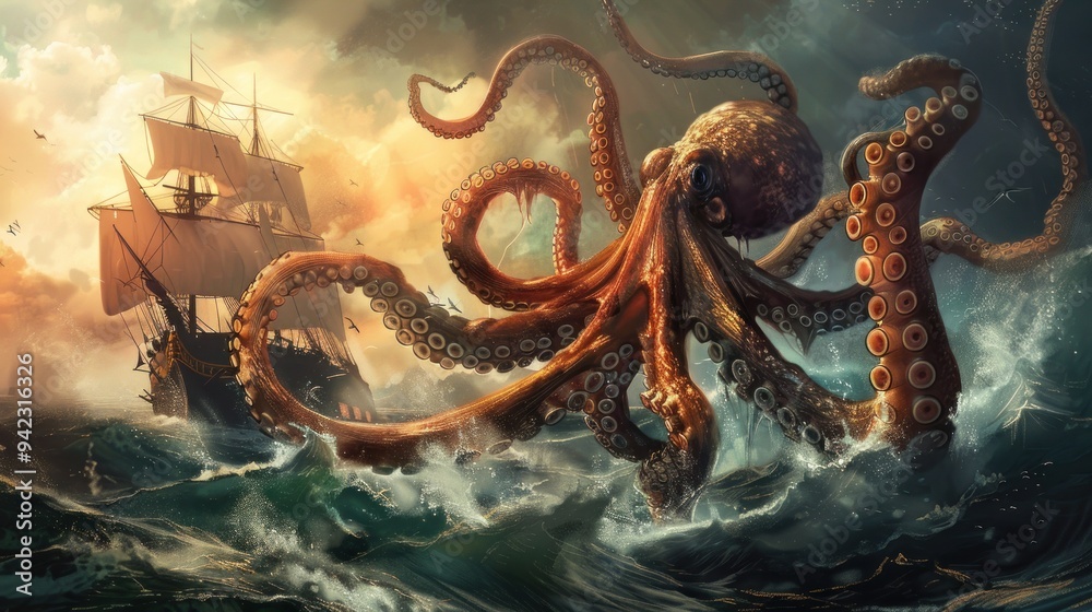 The mystical Kraken is illustrated with carefully spaced images