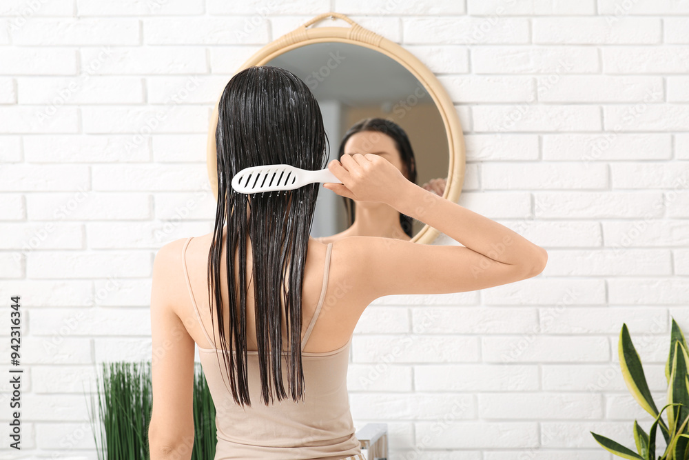 Beautiful young woman brushing her hair with mask in bathroom, back view Beautiful young woman brushing her hair with mask in bathroom, back view