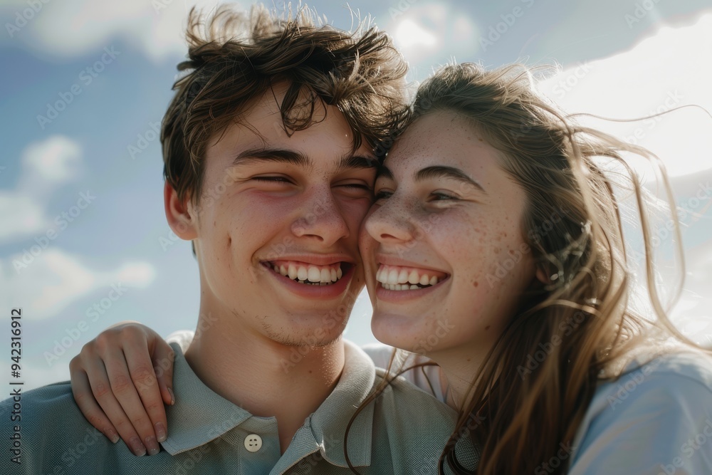 Romantic couple sharing a joyful embrace at the beach, smiling together in a happy moment during their vacation or date, enjoying each others company and connection Romantic couple sharing a joyful embrace at the beach, smiling together in a happy moment during their vacation or date, enjoying each others company and connection