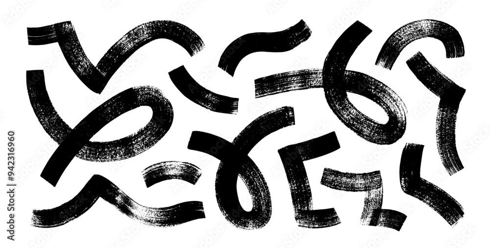 Bold brush drawn squiggles with loops, curved lines. Messy doodles, geometric funky brush strokes. Hand drawn curved forms for collages and design. Modern design rough elements. Abstract geometry. Bold brush drawn squiggles with loops, curved lines. Messy doodles, geometric funky brush strokes. Hand drawn curved forms for collages and design. Modern design rough elements. Abstract geometry.