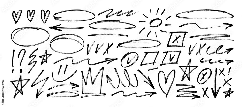 Crayon drawn doodle shapes, check marks, crown and arrows collection. Hand drawn oval shapes and scribble crayon. Punk girly style vector doodle icons set. Graphic elements for notes.