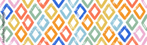 Seamless abstract geometric pattern with rhombus. Brush drawn bold basic geometric shapes. Mosaic ethnic folk ornament. Grunge seamless banner background in kid's colored style with rhombuses.