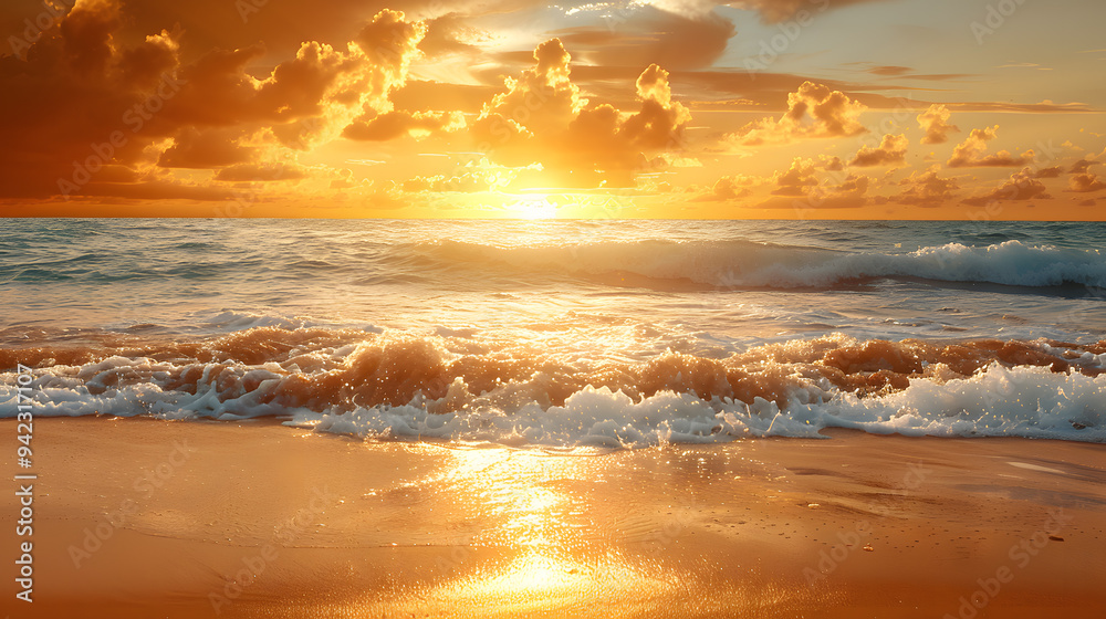 Fototapeta premium Orange and golden sunset sky, soft sand, calmness, relaxing sunlight, summer mood