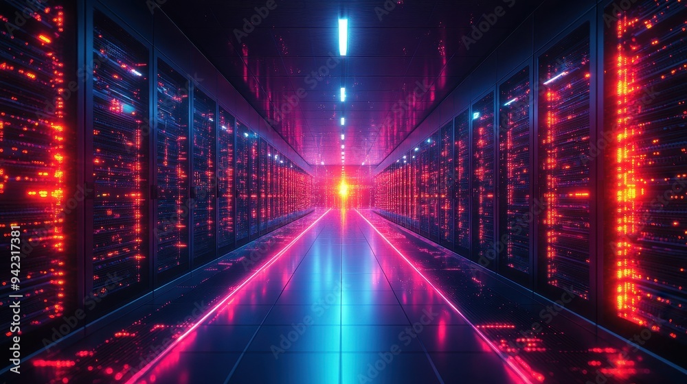 Futuristic Server Room With Neon Lights Data Center Technology Futuristic Server Room With Neon Lights Data Center Technology