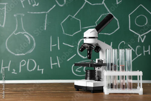 Modern microscope and flask...