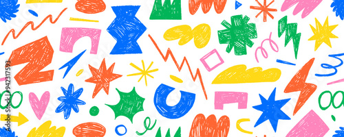 Kid's style seamless pattern with grunge geometric shapes and squiggles. Color crayons drawn funky abstract geometric shapes. Hand drawn kid's style background with doodle stickers.