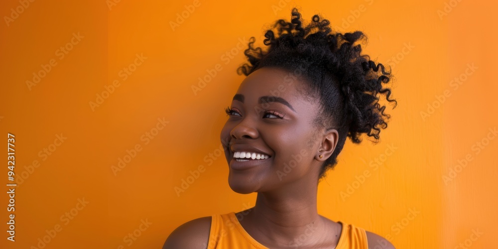 Joyful, thoughtful woman on mockup in studio, with a cheerful expression against an orange background. Reflecting, using emojis, and in a positive mindset for marketing or product display Joyful, thoughtful woman on mockup in studio, with a cheerful expression against an orange background. Reflecting, using emojis, and in a positive mindset for marketing or product display