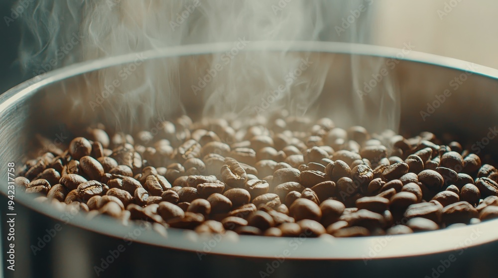 Obraz premium Freshly Roasted Coffee Beans Steaming in Bowl