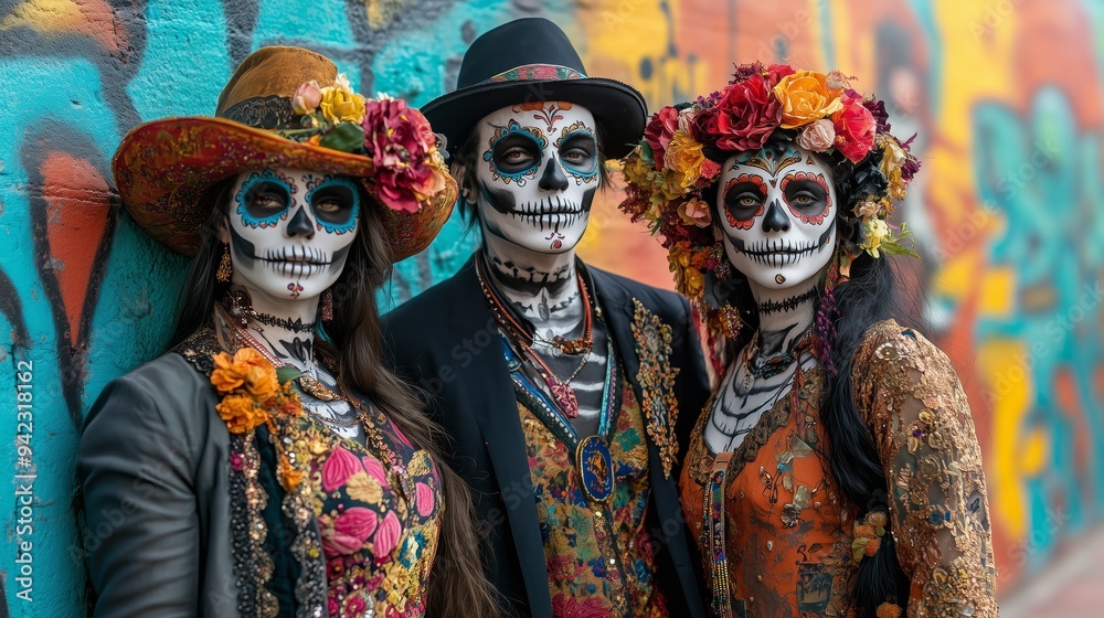 A group of friends dressed in colorful Día de los Muertos Day of the Dead attire, with their faces painted like skulls and flowers, standing against an urban graffiti wall. A group of friends dressed in colorful Día de los Muertos Day of the Dead attire, with their faces painted like skulls and flowers, standing against an urban graffiti wall.
