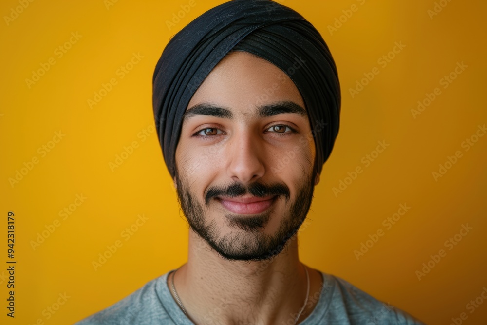 Individual dressed in cultural headwear. Studio photograph. Ethnic and religious themes