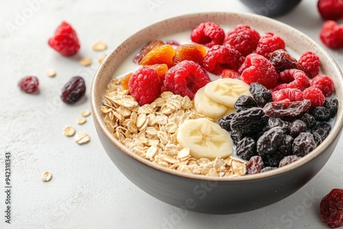 Bowl of fresh fruit and dried berries with granola, banana slices on a white background-gigapixel-hq-scale-6_00x