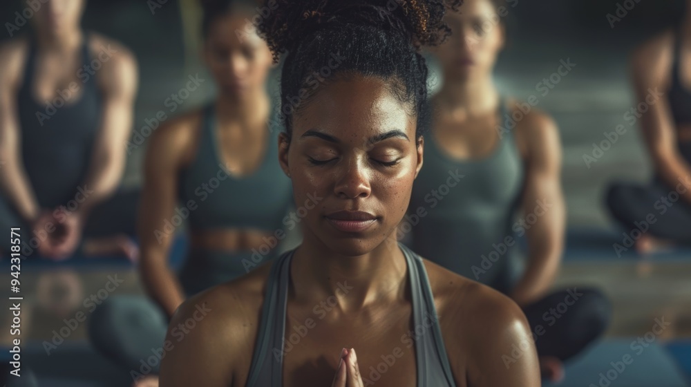 Variety of individuals engaged in meditation practice for mindfulness and spiritual growth in a studio setting. Focused on relaxation, deep breathing techniques, and stress relief Variety of individuals engaged in meditation practice for mindfulness and spiritual growth in a studio setting. Focused on relaxation, deep breathing techniques, and stress relief