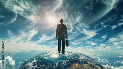 Businessman on top of the world, holding a briefcase generative ai