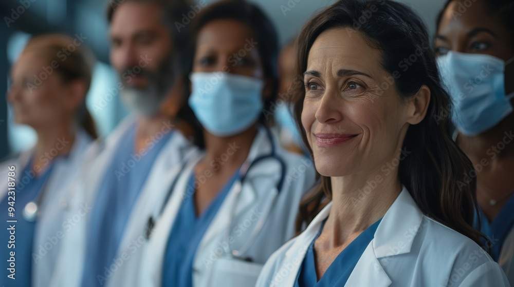 Healthcare professionals posing together with joy, showcasing diversity and teamwork in a clinical setting, focused on collaboration and wellness Healthcare professionals posing together with joy, showcasing diversity and teamwork in a clinical setting, focused on collaboration and wellness