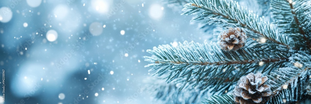 A serene winter landscape featuring snow-covered pine branches and delicate snowflakes falling in a peaceful Christmas setting A serene winter landscape featuring snow-covered pine branches and delicate snowflakes falling in a peaceful Christmas setting