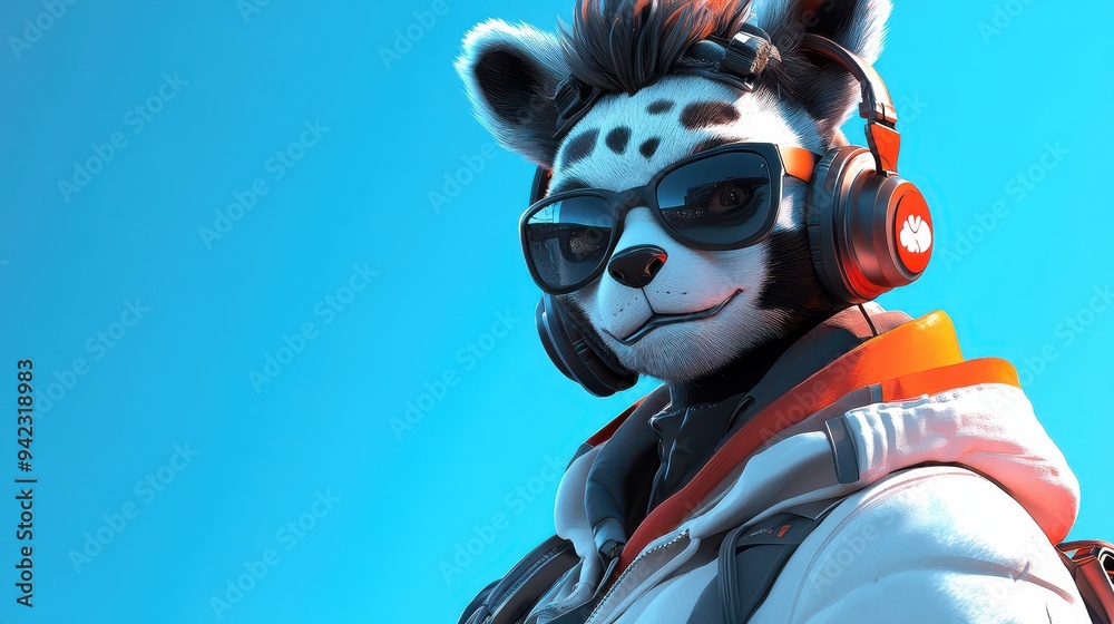 Cool Furry Character Wearing Headphones and Sunglasses Against Blue Sky Cool Furry Character Wearing Headphones and Sunglasses Against Blue Sky