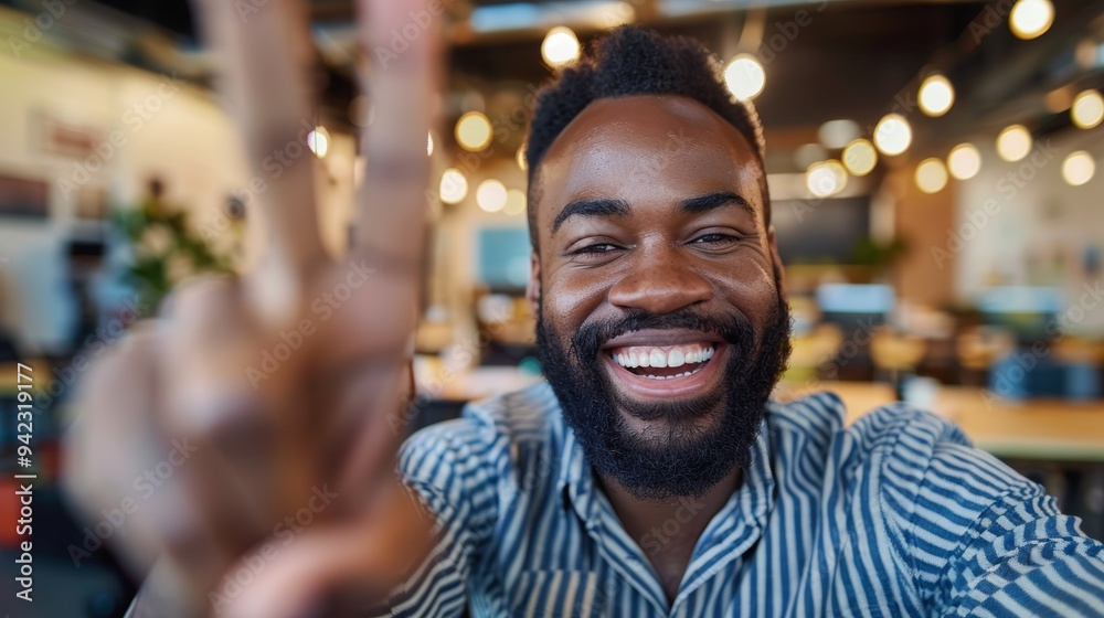 Smiling influencer taking a selfie at work, showcasing job satisfaction and pride in his professional life Smiling influencer taking a selfie at work, showcasing job satisfaction and pride in his professional life