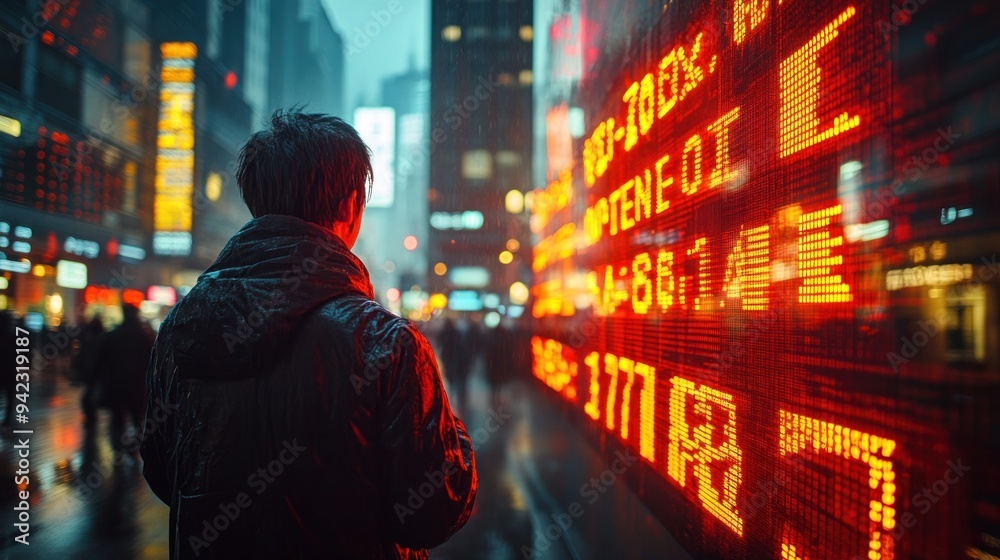 Man Walking Past a Stock Market Display in a City
