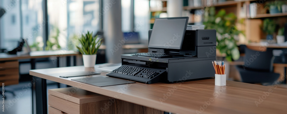 A sleek, modern office desk setup featuring a desktop computer, printer, and stationery, creating a clean and organized workspace.