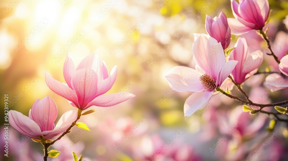 Pink magnolia flowers blooming in spring garden Pink magnolia flowers blooming in spring garden