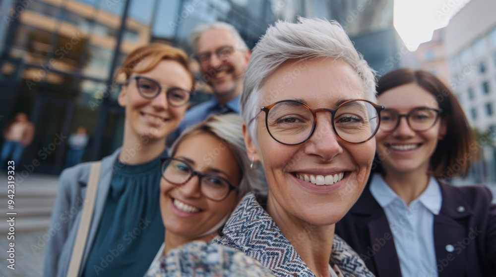 Cheerful woman leader taking a selfie with her diverse team outside the office, showcasing friendship and positivity among colleagues at a creative business Cheerful woman leader taking a selfie with her diverse team outside the office, showcasing friendship and positivity among colleagues at a creative business