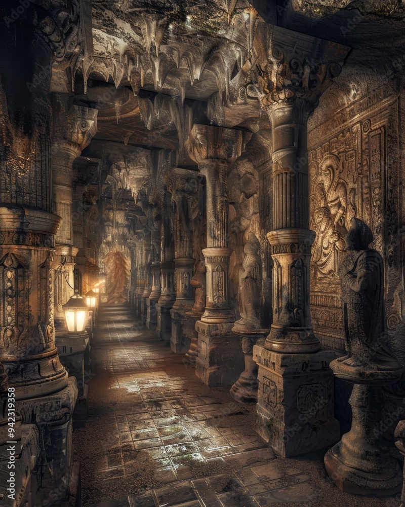 interior of a grotto, featuring rows of carved stone columns and smaller statues lining the walls interior of a grotto, featuring rows of carved stone columns and smaller statues lining the walls