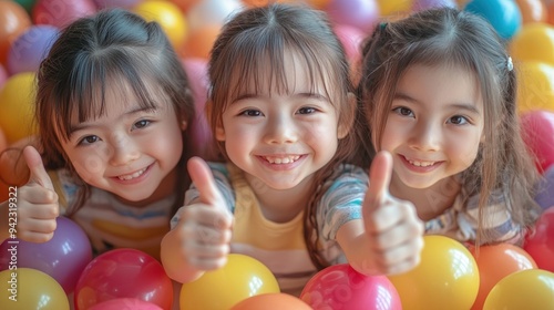 Three little girls playing in a ball pit