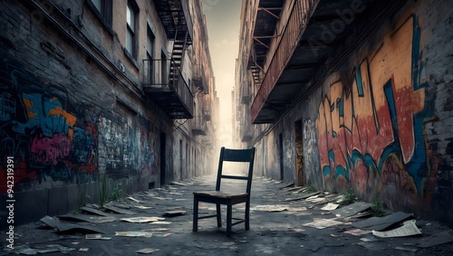 An isolated chair sits in a deserted alley, surrounded by colorful graffiti. The scene evokes a sense of urban decay and forgotten spaces. photo