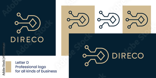 Letter D Logo with Chip and Networking Lines and Diamond Shape.