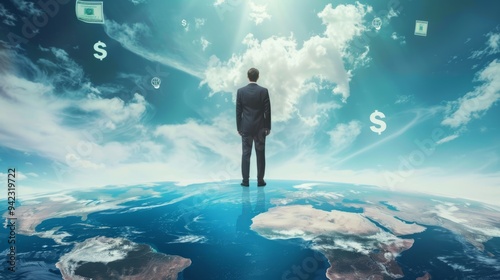 Businessman on top of the world, surrounded by currency symbols generative ai