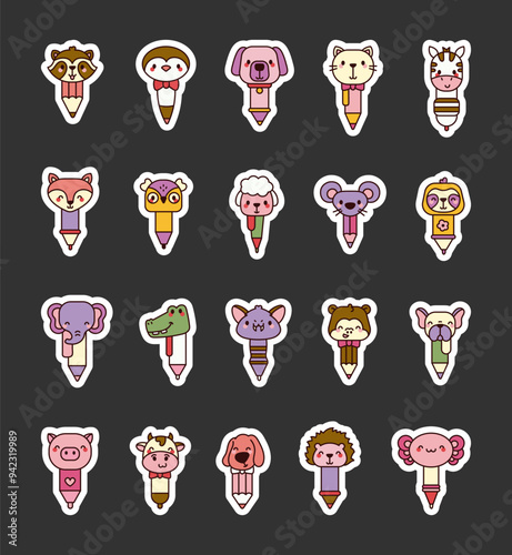 Pen animal face. Sticker Bookmark. School stationery. Hand drawn style. Vector drawing. Collection of design elements.