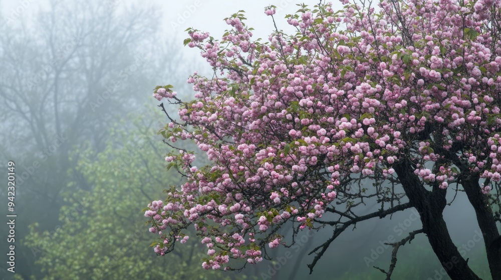 Soft-focus spring blossom tree in morning mist Soft-focus spring blossom tree in morning mist