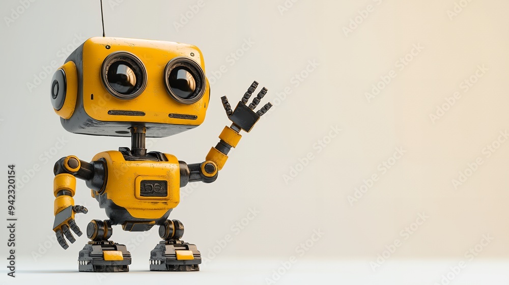 A cheerful yellow robot waving, showcasing a friendly and playful design. A cheerful yellow robot waving, showcasing a friendly and playful design.