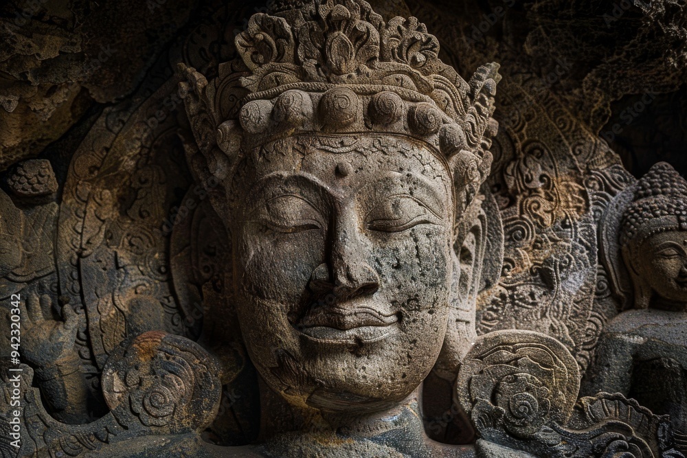 a large stone Buddha statue inside a grotto, with intricate carvings of lotus flowers and deities surrounding it a large stone Buddha statue inside a grotto, with intricate carvings of lotus flowers and deities surrounding it