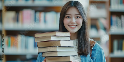 Bookish Delight: A Smiling Woman Stands Among Piles of Books photo