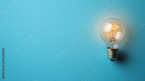 A solitary lightbulb illuminating a blue background with copy space