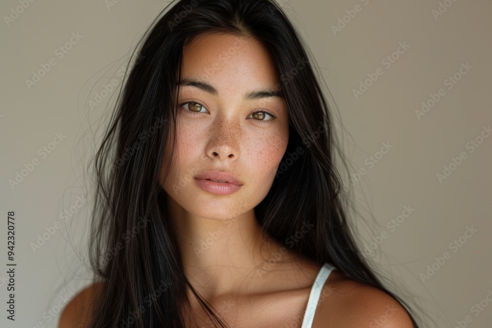 Beauty portrait of a woman focusing on hair care and cosmetics against a brown backdrop, highlighting facial wellness and shiny hair treatment Beauty portrait of a woman focusing on hair care and cosmetics against a brown backdrop, highlighting facial wellness and shiny hair treatment