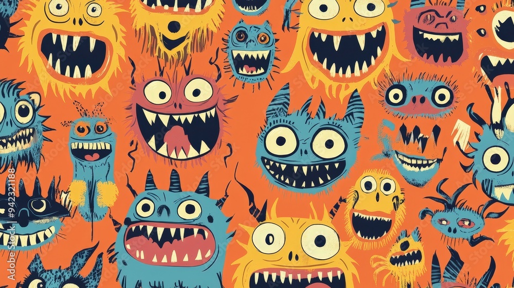 A vibrant illustration of various whimsical monsters with exaggerated features and expressions. A vibrant illustration of various whimsical monsters with exaggerated features and expressions.