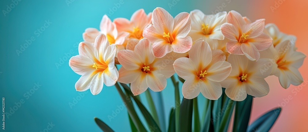 Delicate pink and white flowers arranged in a vibrant background setting