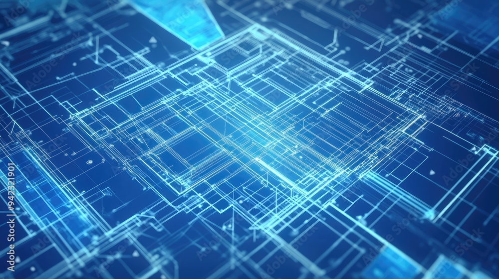 Fototapeta premium Architectural blueprint merging with technology