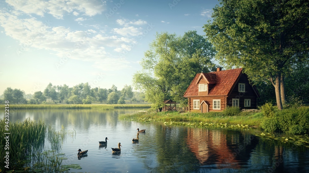 Idyllic Lakeside Cabin with Ducks and Lush Green Foliage Idyllic Lakeside Cabin with Ducks and Lush Green Foliage