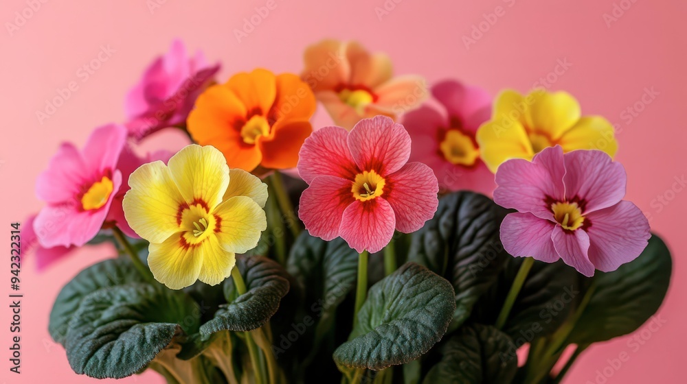 Fototapeta premium Colorful primrose flowers in a vibrant arrangement on a pink background