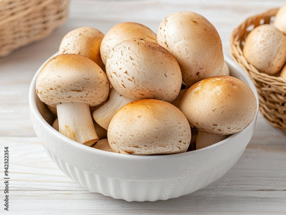 Fresh mushrooms arranged in a bowl, perfect for culinary dishes or healthy recipes, showcasing their natural beauty. Fresh mushrooms arranged in a bowl, perfect for culinary dishes or healthy recipes, showcasing their natural beauty.